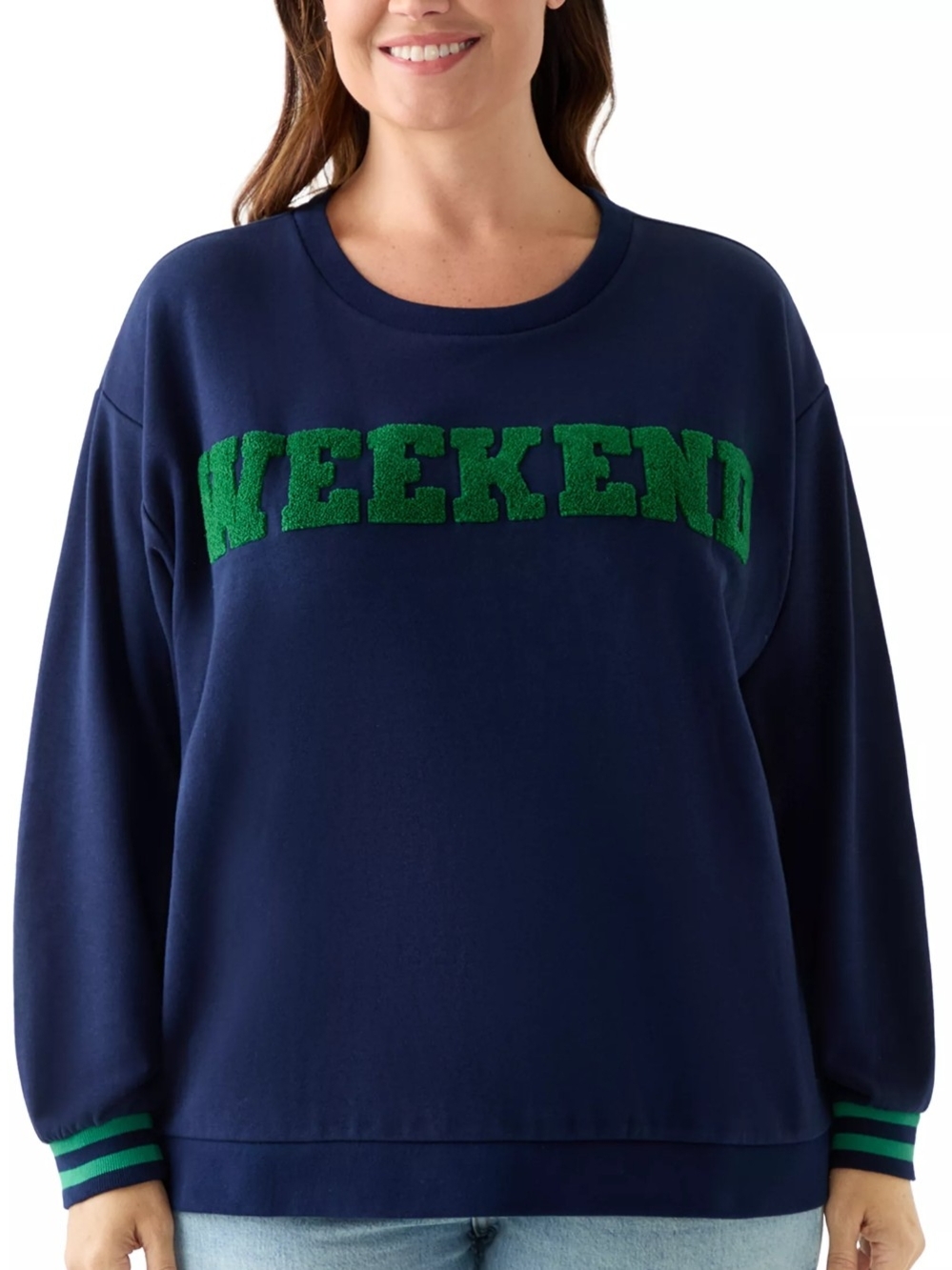 Crown & Ivy Navy/Green "WEEKEND" Graphic Crewneck Sweatshirt